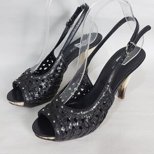 Napoleoni PeepToe Buckle Rhinestone High Heel Woven Leather Slingback Sandals 38